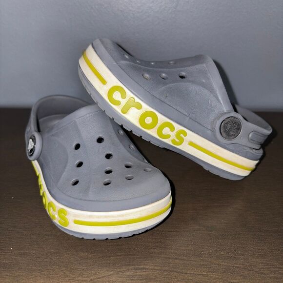 Crocs Clogs Slip On Shoes Toddler C 7 Gray White Green Stripe - Picture 1 of 10